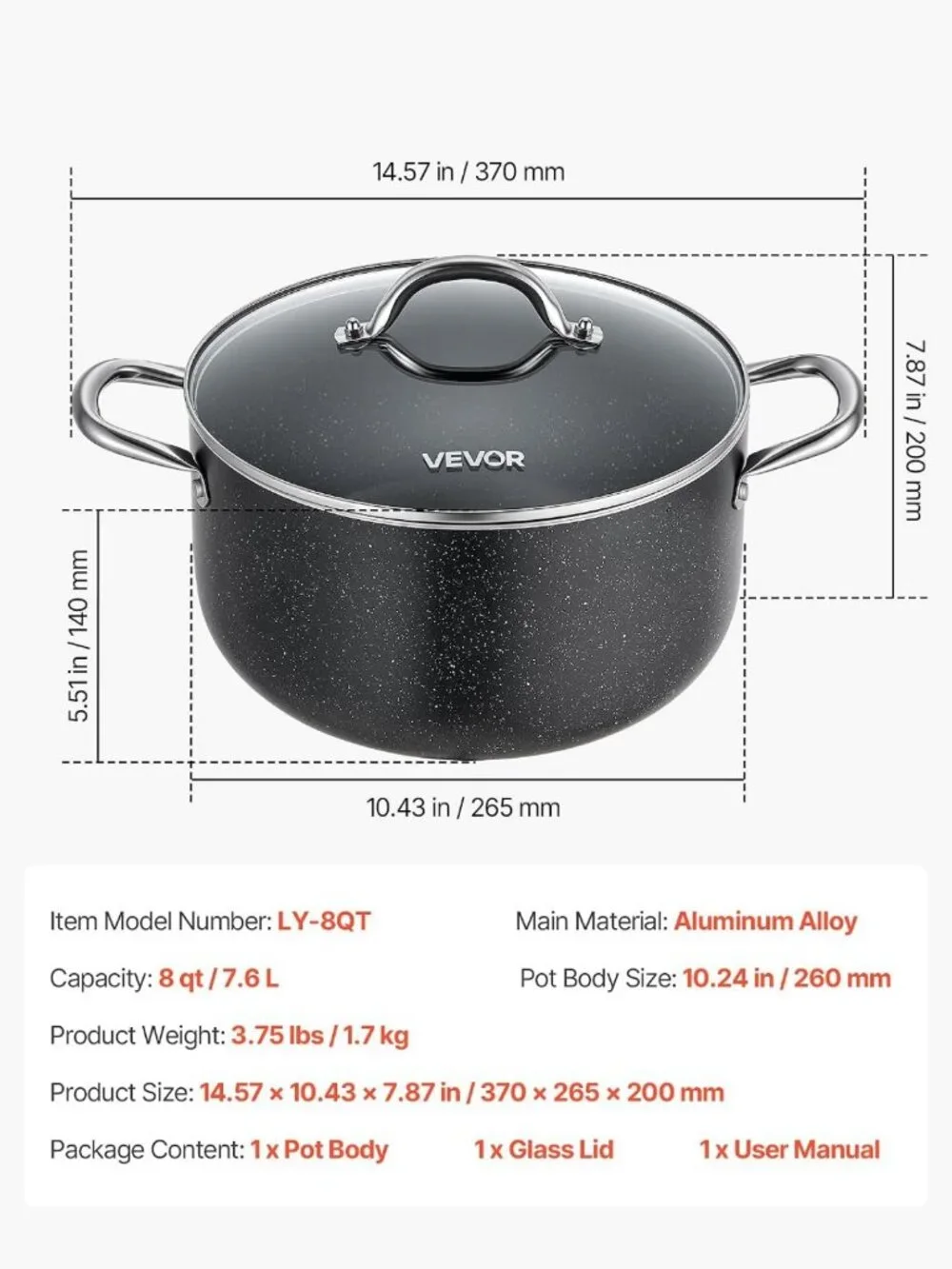 8-Quart Nonstick Aluminum Stock Pot with Glass Lid - PFOA-Free, Induction